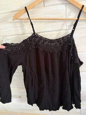 Xhilaration Black Crochet Yoke Textured Cold Shoulder Long Sleeve Top
